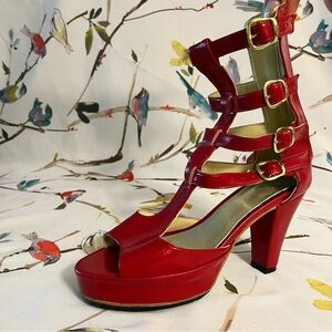 Used red, patented leather, platform sandal, samba shoe made in Rio de Janeiro